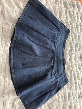 Denim Pleated Mini Skirt - Dark Blue